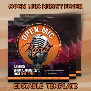 Modello di volantino modificabile per serata Open Mic / Design volantino Canva / Poster per evento di musica e poesia / Download immediato