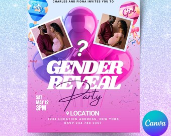 Gender Reveal Party Flyer - Editable Canva Template for Baby Celebrations
