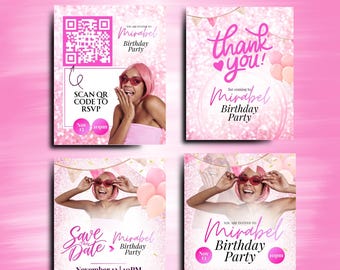 Pink Birthday Canva Templates | Invite, RSVP, Save the Date & Thank You
