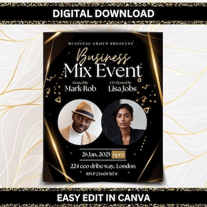 May include: Black and gold business event flyer featuring a photo of two people. The flyer states "Business Mix Event" and includes the date, time, location, and RSVP details.