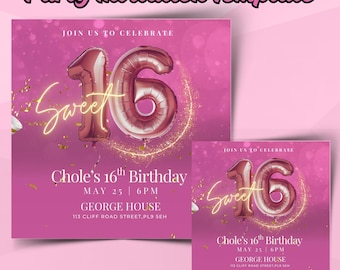 Sweet Sixteen Party Invitation Template for Girls | Editable Canva Birthday Flyer | Glam Digital Download