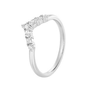 May include: A silver ring with a curved design, set with multiple clear, sparkling gemstones. The gemstones are of varying sizes and shapes, creating a delicate and elegant appearance. The ring is set against a white background.