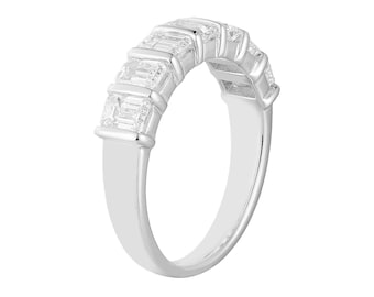 14K White Gold Emerald Cut Lab Grown Diamond Wedding Ring | Personalized Bar Band | MZ12017