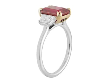 14K Two-Tone White+Yellow Gold Lab Grown Ruby & Trapezoid Diamond Engagement Band Ring | YJ020