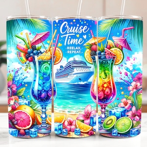 Tropical Cruise Tumbler Wrap PNG: Beach Cocktail Design (20oz Digital Download))