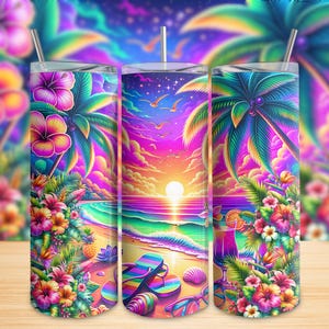 May include: Three stainless steel tumblers with vibrant tropical beach scenes. Each tumbler features a colorful sunset, palm trees, flowers, and beach elements. The design includes a straw and a lid.