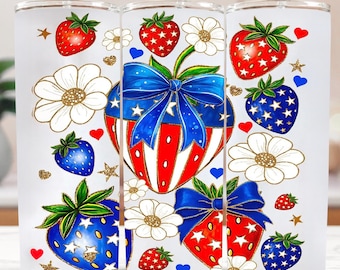 Diseño de sublimación de fresa patriótica: PNG con purpurina roja, blanca y azul (descarga digital)