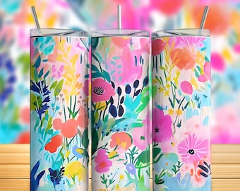 May include: Three stainless steel insulated tumblers with floral watercolor designs. The tumblers feature a vibrant mix of pink, orange, yellow, and blue flowers and foliage. Each tumbler has a silver straw and a clear lid.