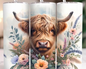 Highland Cow Tumbler Wrap, Farmhouse Floral Sublimation Design, 20oz PNG Digital File