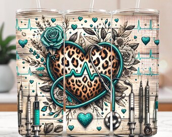 Teal Cheetah Heart Nurse Tumbler Wrap: Stethoscope PNG (Digital Download)