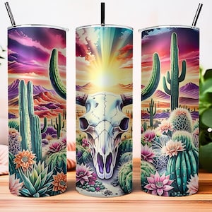 Southwestern Desert Tumbler Wrap: Cactus, Skull, Sunset Art (Digital Download)