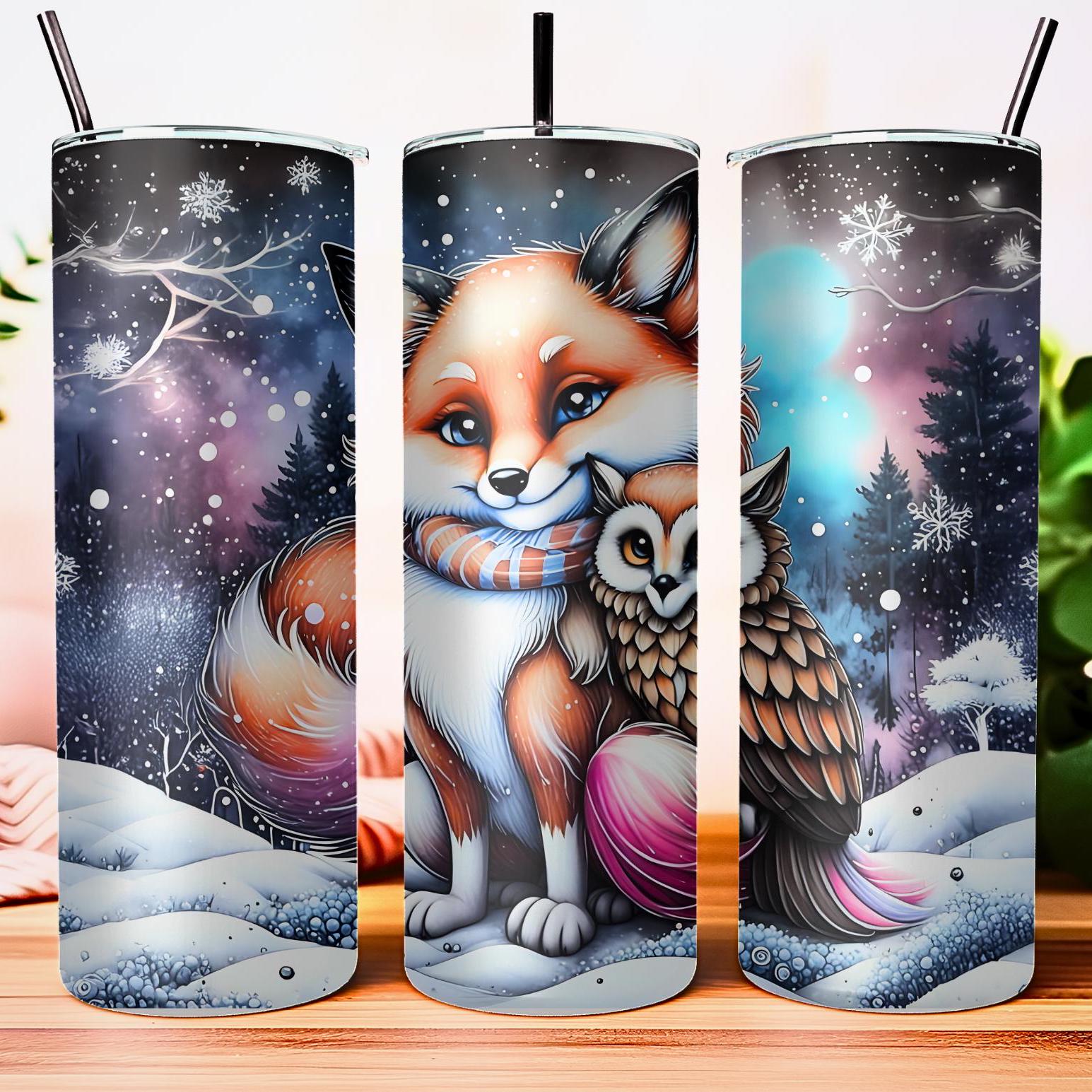 Winter Fox and Owl Tumbler Wrap - Cozy Woodland Friends in Snowy Forest for 20 oz Tumbler