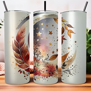 Celestial Moon & Autumn Leaves Tumbler Wrap - Mystical Boho Fall Design for 20 oz Tumbler