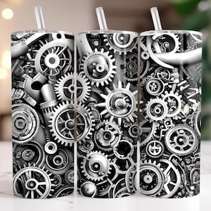 Steampunk Gear Tumbler Wrap - Industrial Mechanical Design for 20oz Skinny Tumbler