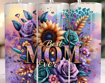 Può includere: Tre bicchieri in acciaio inossidabile con un design floreale e le parole "Best Mom Ever". I bicchieri hanno un design floreale viola, turchese e oro su uno sfondo acquerellato.
