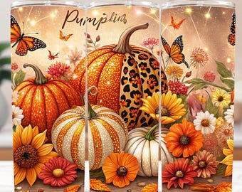 Leopard Pumpkin Tumbler Wrap: Glitter Fall Floral PNG (20oz Sublimation, Digital Download