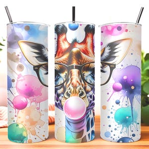 Giraffe Tumbler Wrap PNG, Seamless Sublimation Design, Watercolor Giraffe with Glasses and Bubble Gum Art