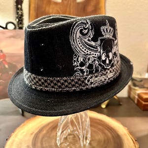 Customize blue jean patched fedora with pendant Deconstructed Denim Fedora Hat main image 2