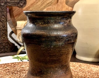 Raku Fired Vintage Handmade Pottery with Brown Glaze - Signed E. O.