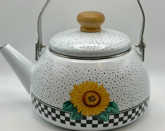 Tabletops Unlimited “Sunny” Pattern Enamel Vintage Tea Kettle - As Is - 7.5”h x 7”w