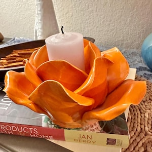 Unsigned Handmade Pottery Orange Lotus Flower Candle Holder
