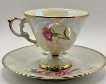 Norleans Lusterware January Carnation Cup and April Sweet-pea Saucer - VTG - Japan