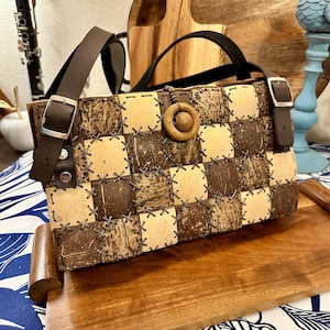 Stunning Coconut Shell Shoulder Purse with Leather Straps and Wood Closure - As Is - 11”wide