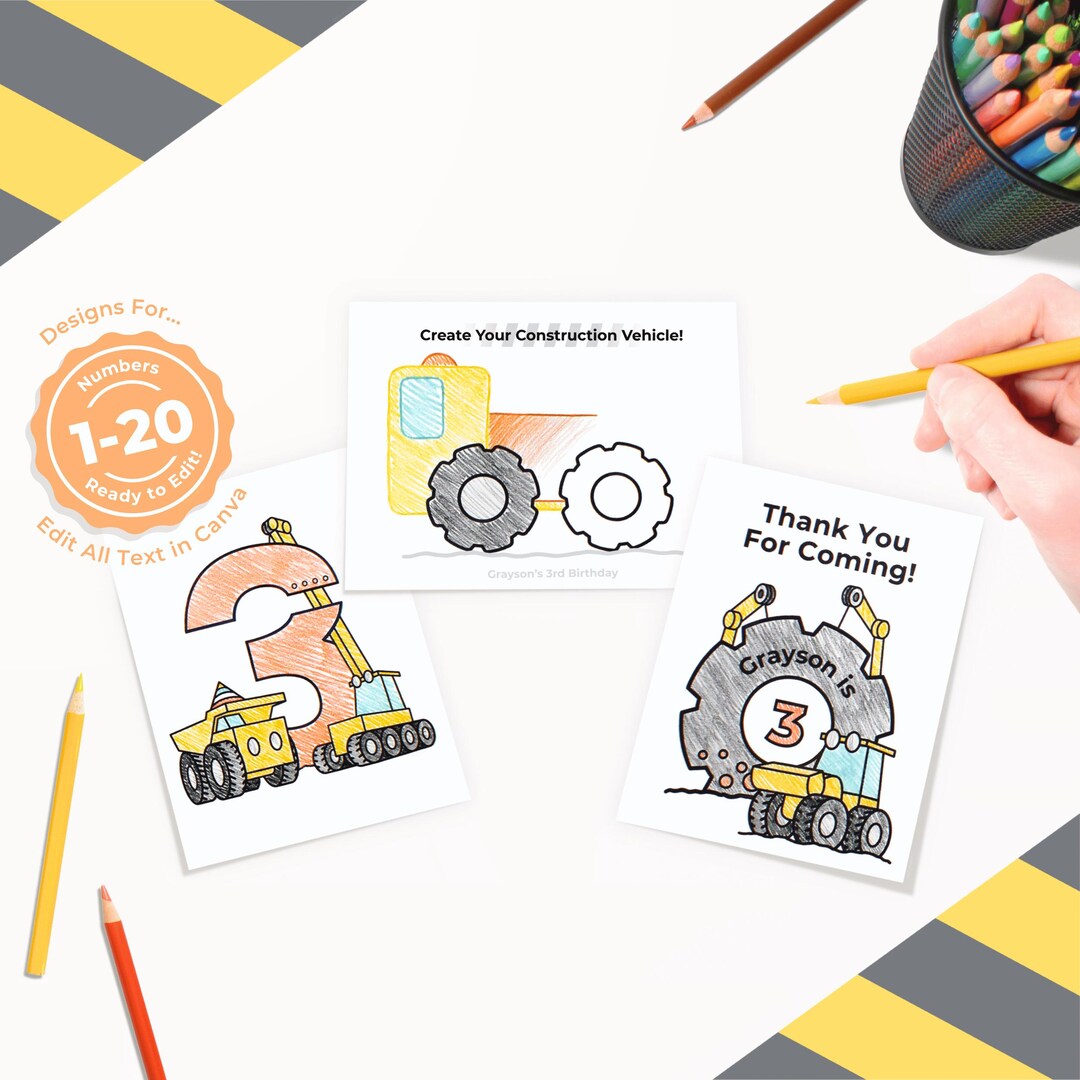 Editable Construction Birthday Party Coloring Pages: Numbers 1-20 ...