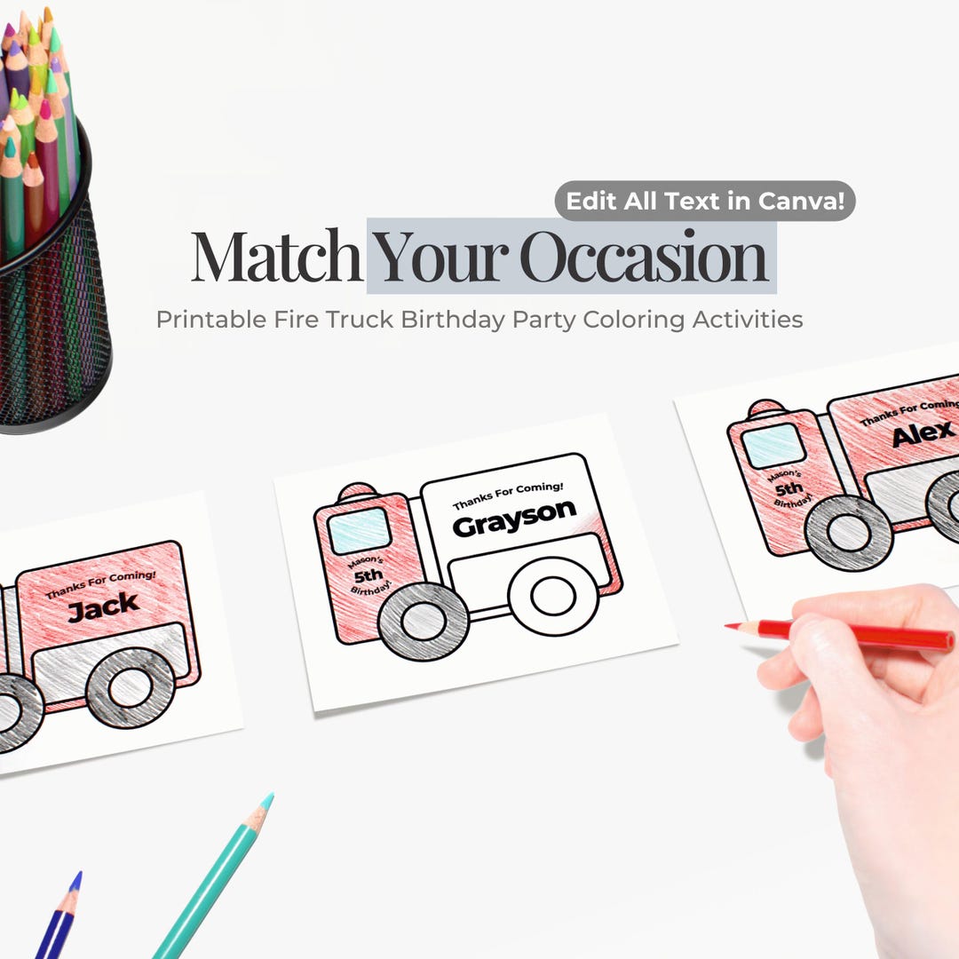 Printable Fire Truck Birthday Party Coloring Pages: Place Cards ...