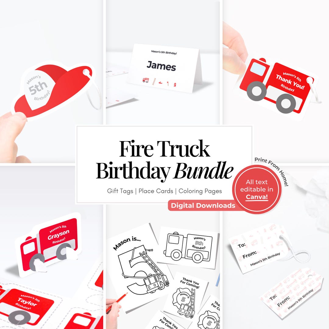 Printable Fire Truck Birthday Bundle, Digital Download, Editable Fire ...
