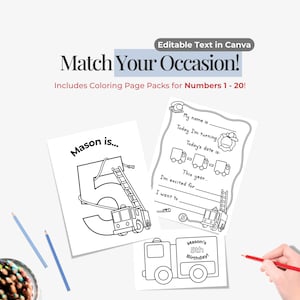 Printable Fire Truck Birthday Coloring Pages: Numbers 1-20, Canva Editable (Digital Download)