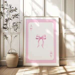 Trendige rosa Schleifen Wandkunst Ace Karte, Preppy Poster, College Wohnung Dekor, Aquarell Bögen Druck, Kokette Raumdekoration, Girly Wandkunst
