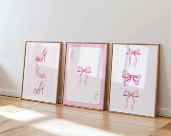 Pink Bows and Heels Art Prints, Coquette Dorm Decor (Digital Prints Set of 3)