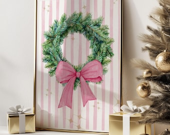 Coquette Christmas Wreath Print: Pink Bow, Holiday Decor (Digital Download)