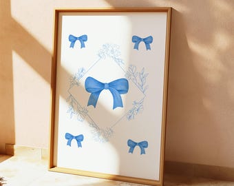 Estampado floral de lazo azul: Decoración coqueta para dormitorio (Descarga digital)