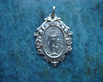 French Edwardian Antique Sterling Silver Eucharist and Chalice Communion Medal Pendant