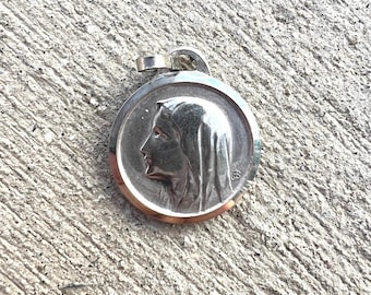 French Antique Vintage Holy Virgin Mother Mary Our Lady of Lourdes Catholic Christian Medal SIGNED JB Pendant Necklace