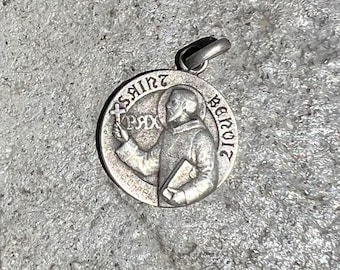 RARE VHTF Antique Vintage French Sterling Silver Saint Benedict St Benoit Medal by Sculptor C. Charl SIGNED