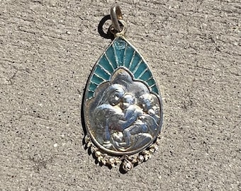 French Antique Plique-a-jour Enamel Madonna of the Chair Virgin Mary & Child Jesus St John the Baptist Medal SIGNED J PINTO Janvier Quercia