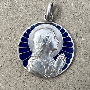 Sterling Silver Antique French Plique-a-Jour Blue Enamel Saint Cecilia Caecilia Patron Saint of Music Catholic Religious Medal Pendant