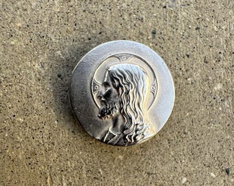 Antique French Vintage Sterling Silver SLIDE Medal of Profile of Jesus Revealing Catholic Pendant