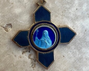 Antique Vintage Blue Guilloche Enamel French Religious Catholic Saint Rita Medal Pendant Cross