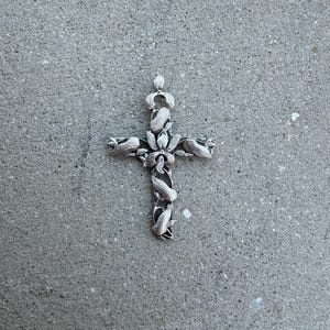 Beautiful French Antique Vintage Silver Iris Flower Crucifix Cross Catholic Religious Pin Brooch Broach