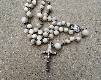 Antique Sterling Silver and Mother of Pearl Rosary Large Heavy from France French