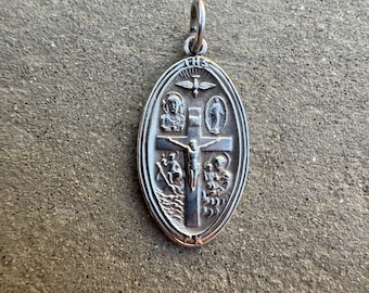 Beautiful Large Antique Vintage Sterling Silver Four Way Cross Medal Christian Catholic Religious Pendant Necklace
