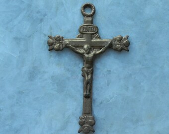 Heavy Antique French Vintage Brass Crucifix Cross Cherubs Angels Guardian Catholic Christian Orthodox Religious Medal Pendant for Rosary