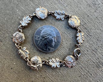 VERY RARE Antique Vintage Sterling Silver Decade Rosary Creed Rose and Leaf Saint Bracelet Catholic Religious Christian