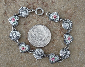 VERY RARE Antique Vintage Sterling Silver Decade Rosary Creed Guilloche Enamel Rose and Heart Saint Bracelet Catholic Religious Christian