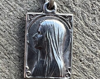 French Antique Vintage Rectangle Silver Holy Virgin Mother Mary Our Lady of Lourdes Apparition Medal