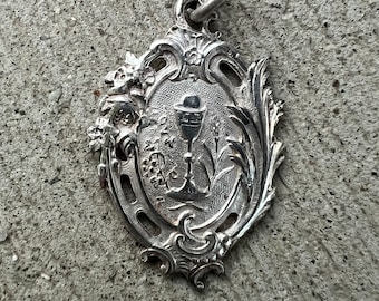 French Antique Sterling Silver Chalice Eucharist Communion Medal Pendant